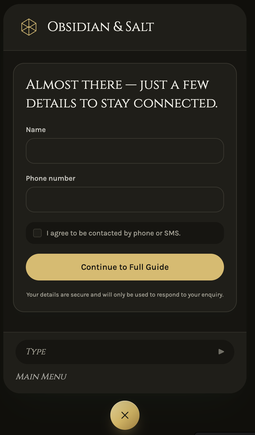 Obsidian & Salt concierge lead-capture form with Name and Phone number fields, a consent checkbox and a Continue to Full Guide button on a dark gold-accented theme.