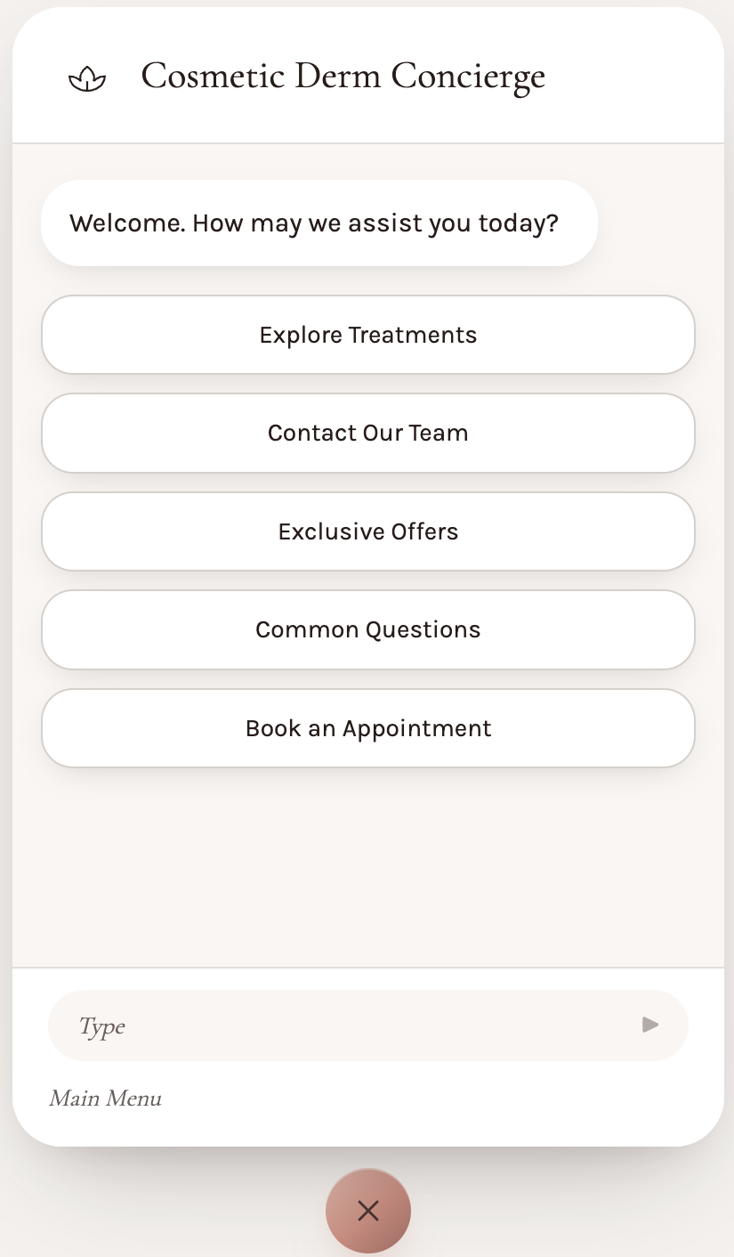 Cosmetic Derm Concierge main menu with Explore Treatments, Contact Our Team, Exclusive Offers, Common Questions and Book an Appointment.