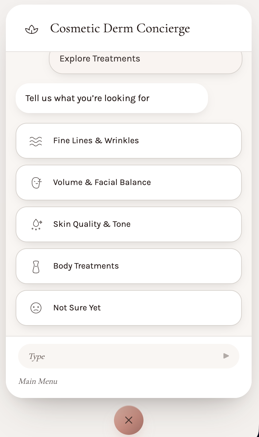 Cosmetic Derm Concierge asking what the visitor is looking for, with Fine Lines & Wrinkles, Volume & Facial Balance, Skin Quality & Tone, Body Treatments and Not Sure Yet.