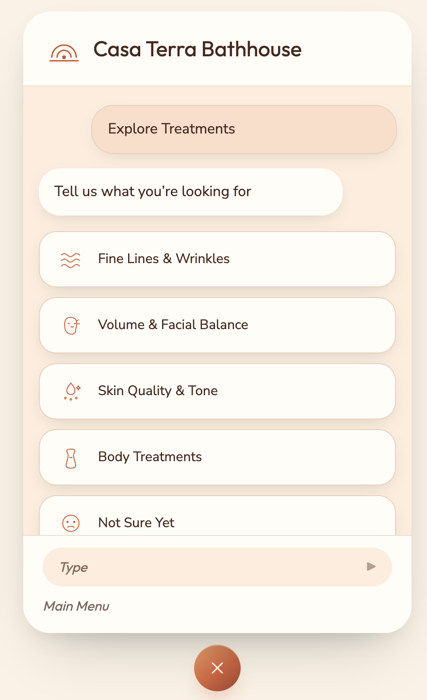 Casa Terra Bathhouse concierge concerns screen with treatment options in a warm terracotta palette.