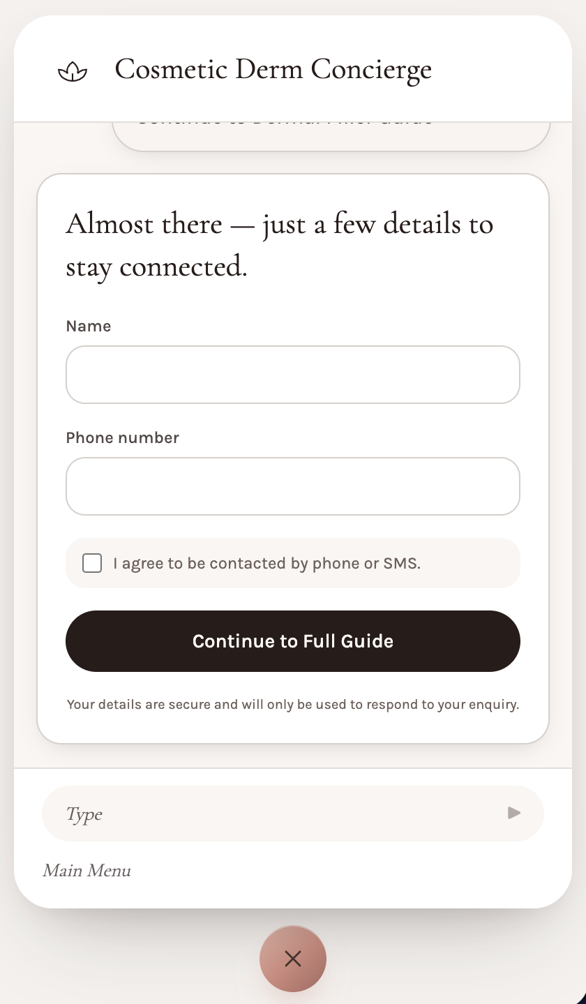 Cosmetic Derm Concierge lead capture step with Name and Phone number fields, consent checkbox and Continue to Full Guide button.