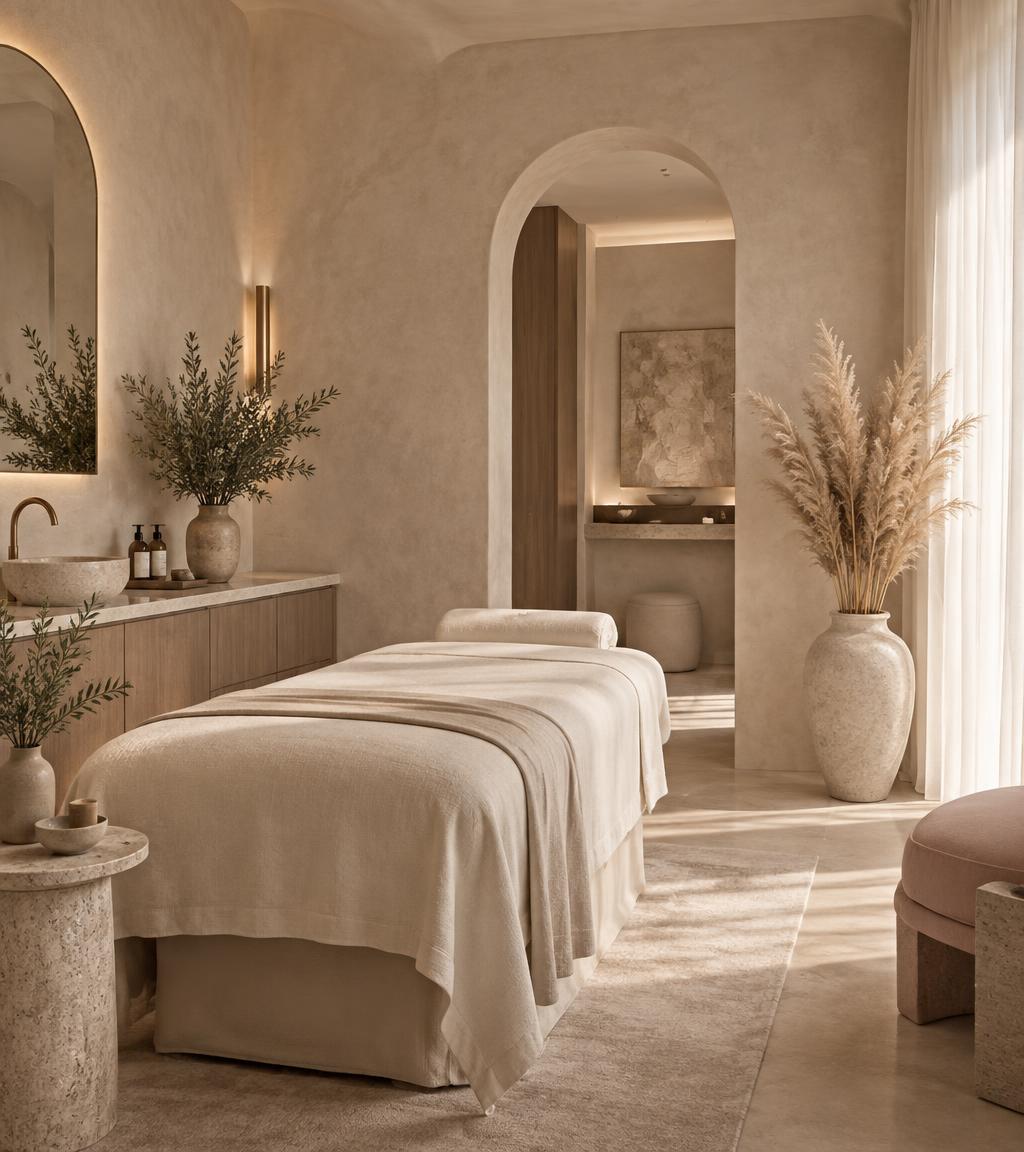 A serene Cosmetic Derm treatment room with warm porcelain walls and soft daylight