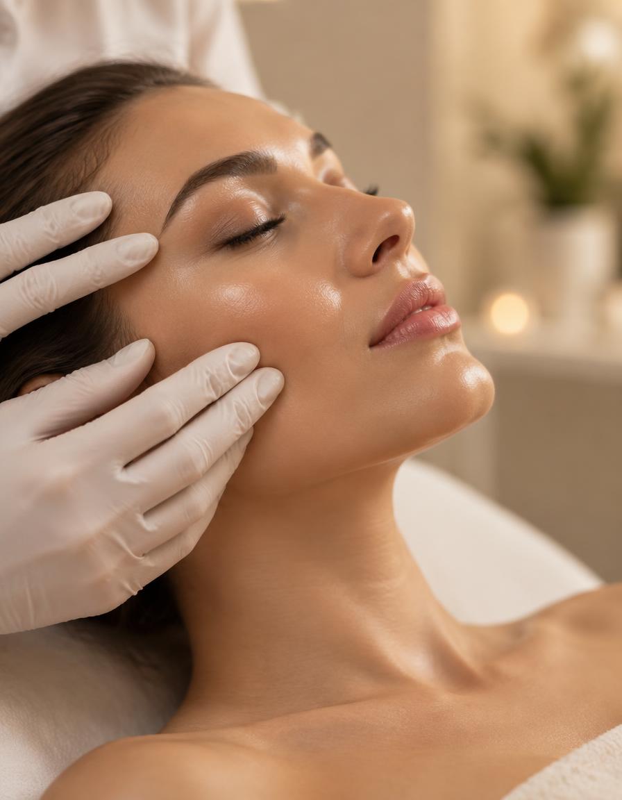 A practitioner gently assessing a client's skin before a Botox treatment
