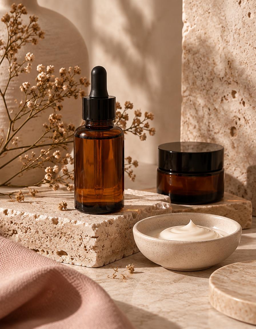 Luxury skincare products arranged on warm travertine stone
